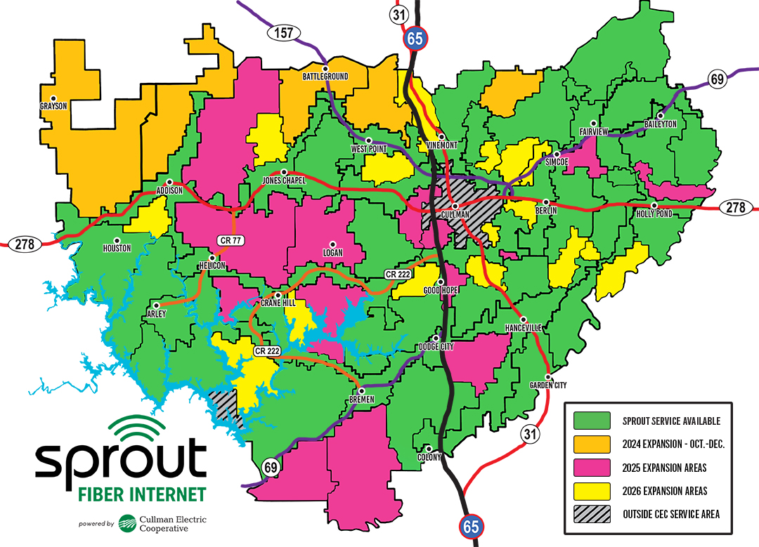 A map of color coded zone areas that show where Sprout Fiber Internet is available or will be become available .